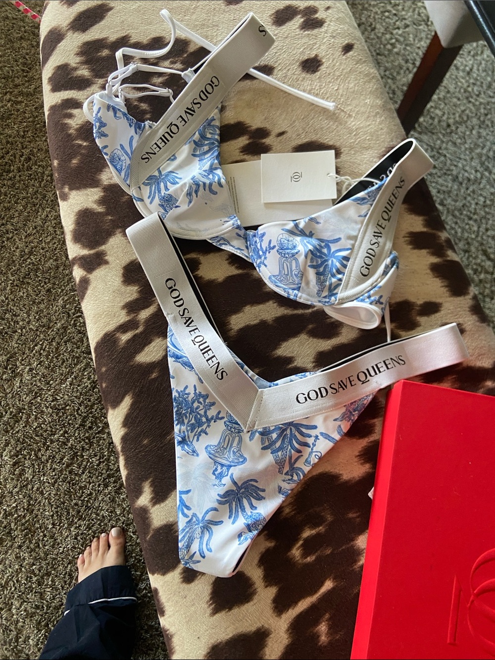 God Save Queens Blue and White Printed Bikini Set